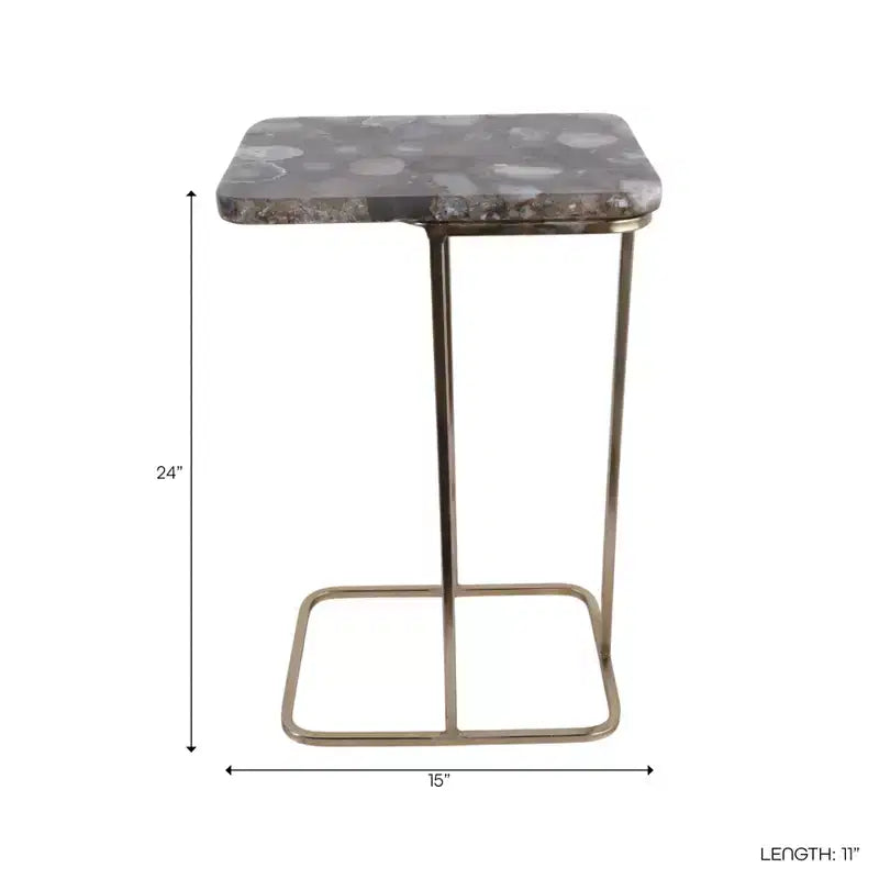 Table d'appoint en métal en forme de C avec plateau en pierre polie
