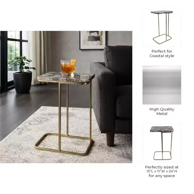 Table d'appoint en métal en forme de C avec plateau en pierre polie
