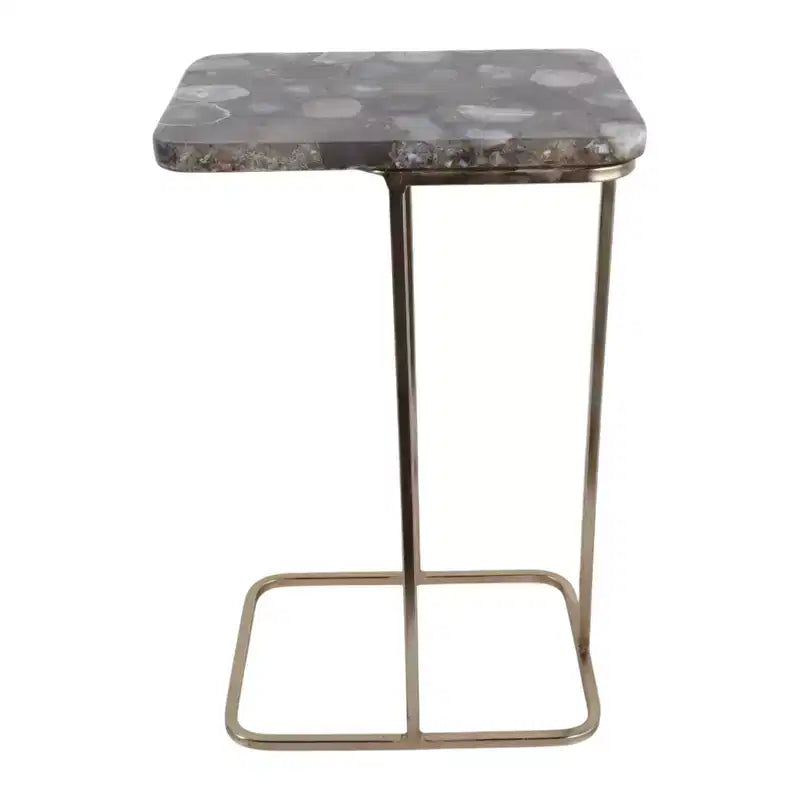 Table d'appoint en métal en forme de C avec plateau en pierre polie