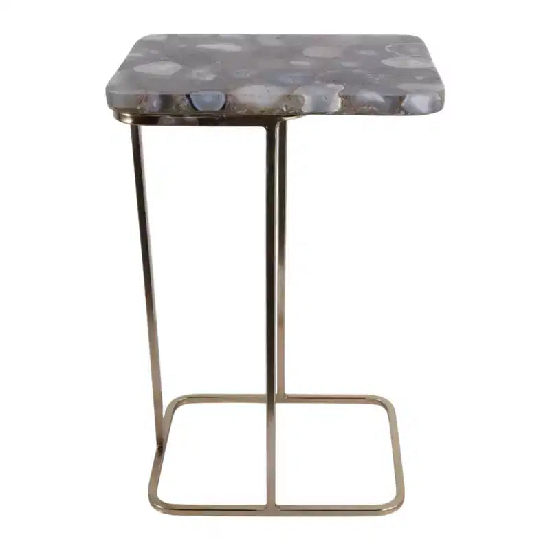Table d'appoint en métal en forme de C avec plateau en pierre polie