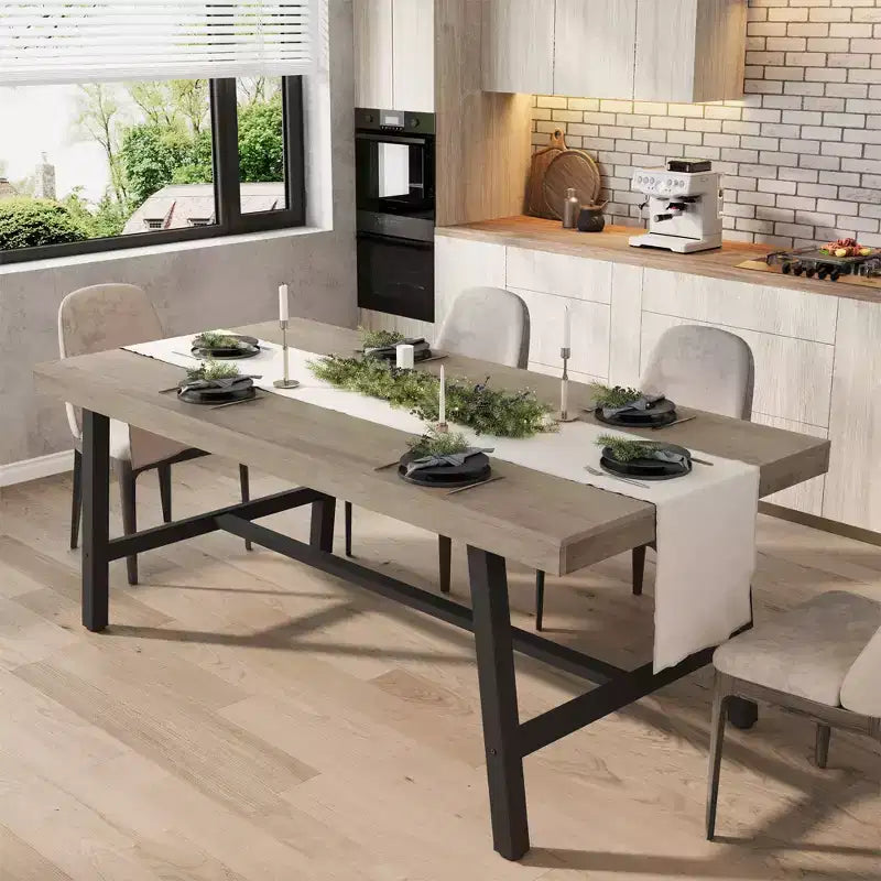 71 Inch Dining Table for 6-8, Outdoor Indoor Dining Table with Metal Frame, Kitchen Table with Large Tabletop for Dining Room, Living Room, Kitchen