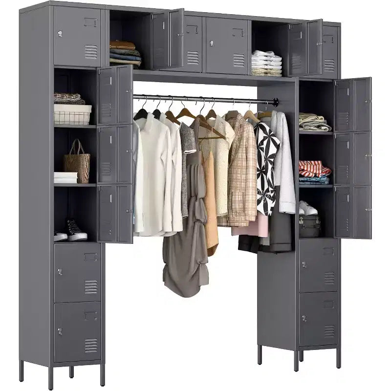 Multi-functional Metal Storage Cabinet - 78 H Storage Lockers with 16 Doors and Hanging Rod for Office, Home, School, Gym, Dark Gray