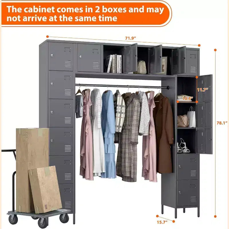 Casier de rangement en métal de 198 cm avec 16 portes et tringle de penderie