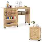 Costway Folding Sewing Table w/ Compact Design Storage Shelf 2 Trays & 18 Pegs Natural