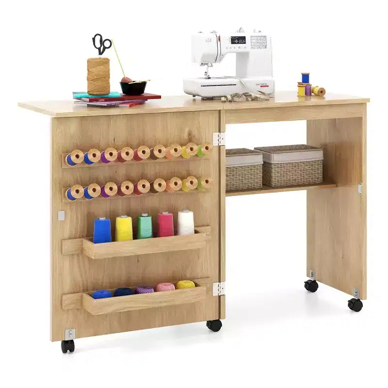 Table à coudre pliante avec bacs de rangement, chevilles et roulettes verrouillables