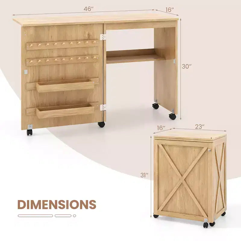 Table à coudre pliante avec bacs de rangement, chevilles et roulettes verrouillables