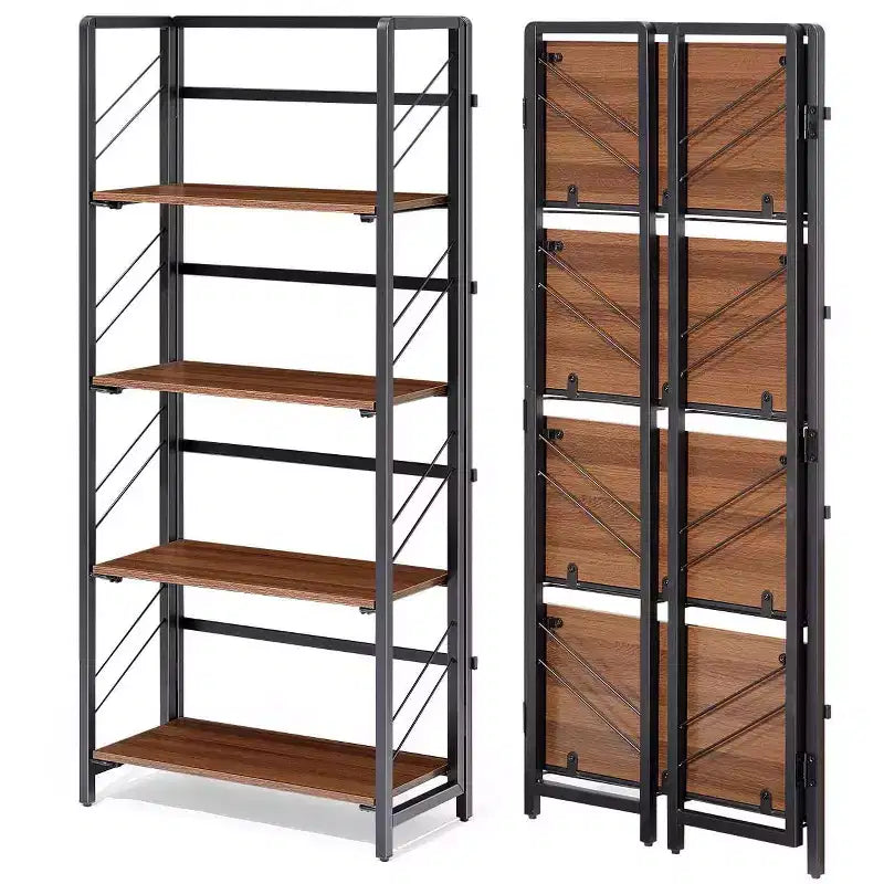 No-Assembly 5-Tier Folding Bookshelf, Vintage Bookcase Storage Shelves, Standing Rack Study Organizer for Home Office