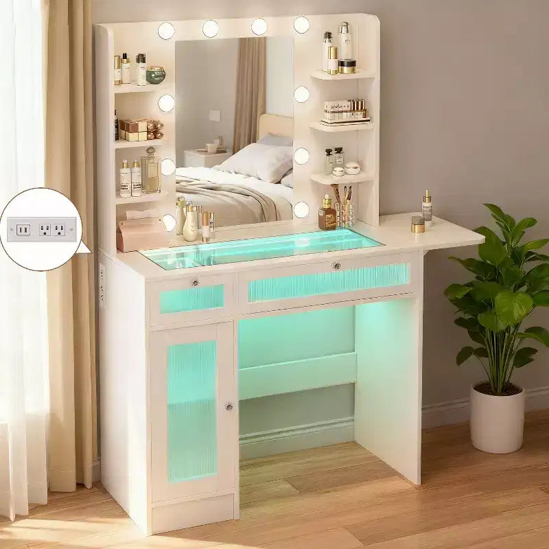Dyonery Vanity Desk with Mirror, LED Lights and Power Outlet Makeup Vanity Table with 2 Drawers and 6 Storage Shelves Dressing Table for Bedroom