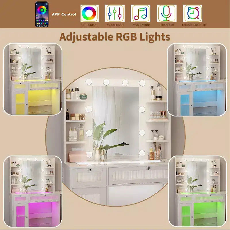 Coiffeuse avec miroir, lumières LED et prise de courant – Table de maquillage avec 2 tiroirs et 6 étagères de rangement pour chambre à coucher