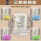 Coiffeuse avec miroir, lumières LED et prise de courant – Table de maquillage avec 2 tiroirs et 6 étagères de rangement pour chambre à coucher