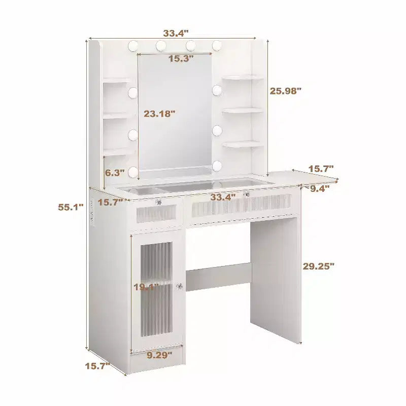 Coiffeuse avec miroir, lumières LED et prise de courant – Table de maquillage avec 2 tiroirs et 6 étagères de rangement pour chambre à coucher