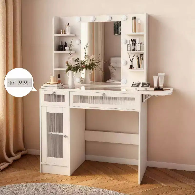 Coiffeuse avec miroir, lumières LED et prise de courant – Table de maquillage avec 2 tiroirs et 6 étagères de rangement pour chambre à coucher