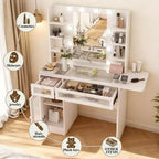 Coiffeuse avec miroir, lumières LED et prise de courant – Table de maquillage avec 2 tiroirs et 6 étagères de rangement pour chambre à coucher