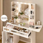Coiffeuse avec miroir, lumières LED et prise de courant – Table de maquillage avec 2 tiroirs et 6 étagères de rangement pour chambre à coucher