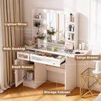 Coiffeuse avec miroir, lumières LED et prise de courant – Table de maquillage avec 2 tiroirs et 6 étagères de rangement pour chambre à coucher