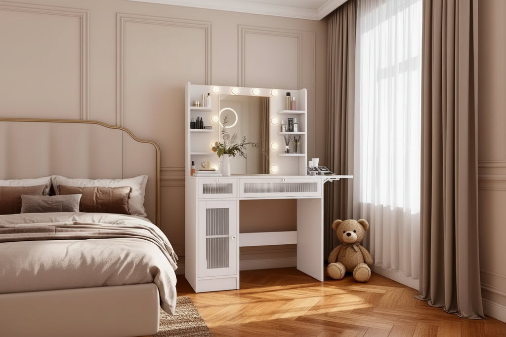 Coiffeuse avec miroir, lumières LED et prise de courant – Table de maquillage avec 2 tiroirs et 6 étagères de rangement pour chambre à coucher