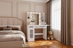 Coiffeuse avec miroir, lumières LED et prise de courant – Table de maquillage avec 2 tiroirs et 6 étagères de rangement pour chambre à coucher