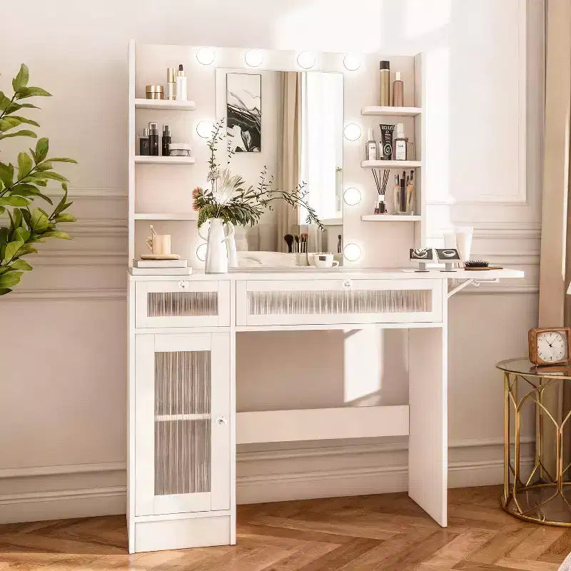 Coiffeuse avec miroir, lumières LED et prise de courant – Table de maquillage avec 2 tiroirs et 6 étagères de rangement pour chambre à coucher