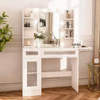 Coiffeuse avec miroir, lumières LED et prise de courant – Table de maquillage avec 2 tiroirs et 6 étagères de rangement pour chambre à coucher