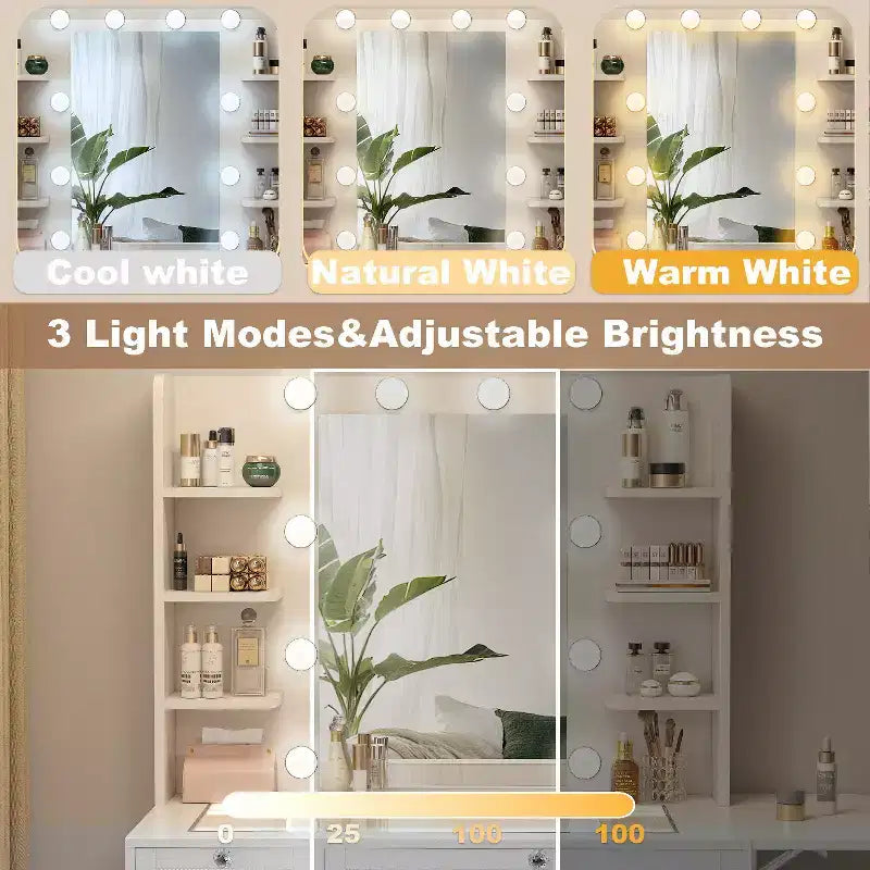 Coiffeuse avec miroir, lumières LED et prise de courant – Table de maquillage avec 2 tiroirs et 6 étagères de rangement pour chambre à coucher