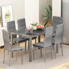 Ensemble de salle à manger 7 pièces Grondin Modern Style avec table en verre trempé et 6 chaises rembourrées en cuir PU