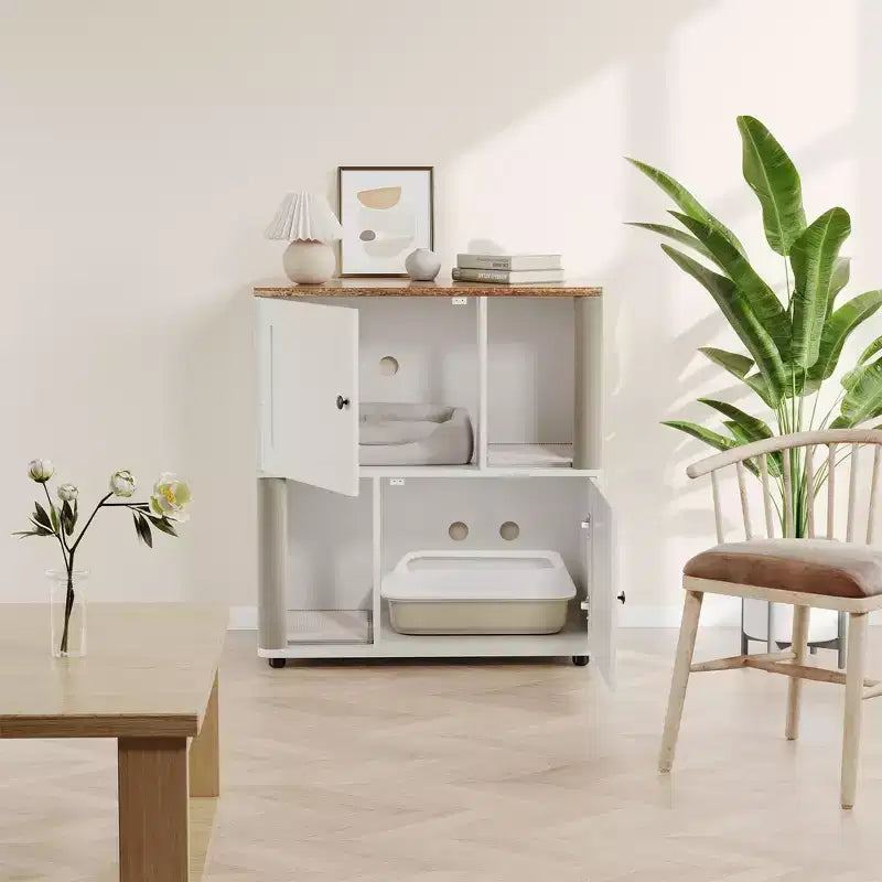 Meuble cache-litière double avec poteaux à griffer et tapis de litière à double couche pour animaux de compagnie d'intérieur
