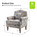 Fauteuil rembourré en bois avec motif floral, accoudoirs à panneaux et dossier en forme de bosse de chameau.