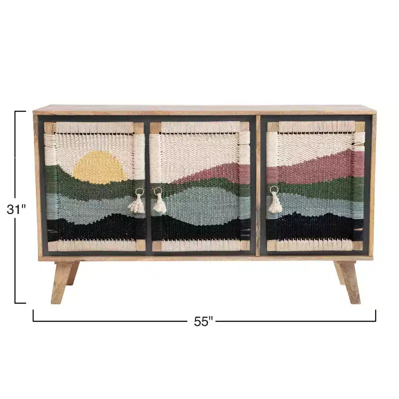 Console en bois de manguier avec portes en corde tressée et rangement compartimenté