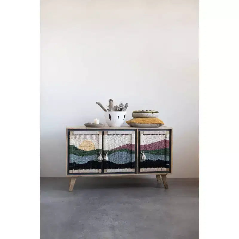 Console en bois de manguier avec portes en corde tressée et rangement compartimenté