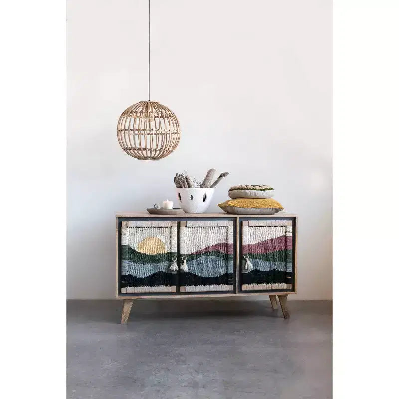 Console en bois de manguier avec portes en corde tressée et rangement compartimenté
