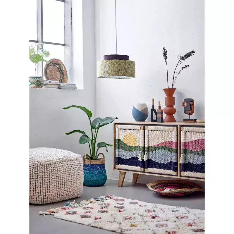 Console en bois de manguier avec portes en corde tressée et rangement compartimenté