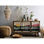 Console en bois de manguier avec portes en corde tressée et rangement compartimenté