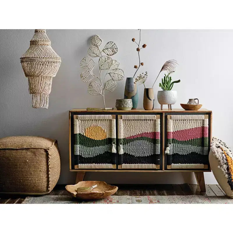 Console en bois de manguier avec portes en corde tressée et rangement compartimenté