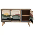 Console en bois de manguier avec portes en corde tressée et rangement compartimenté