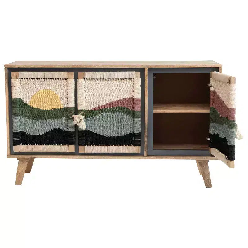 Console en bois de manguier avec portes en corde tressée et rangement compartimenté