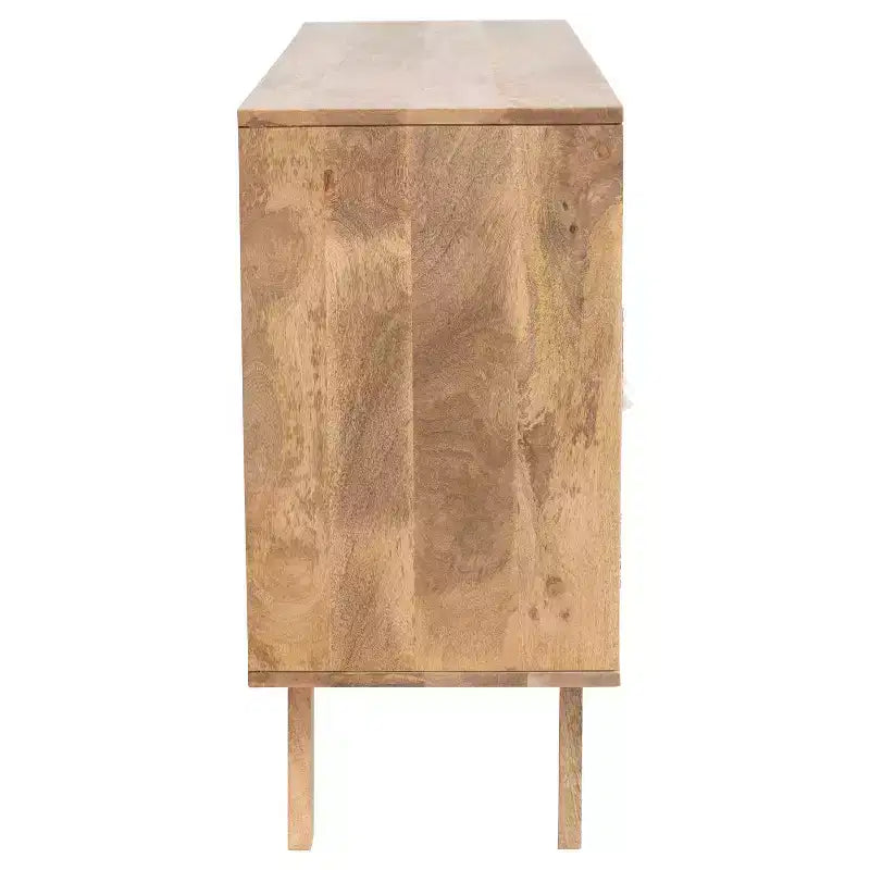Console en bois de manguier avec portes en corde tressée et rangement compartimenté