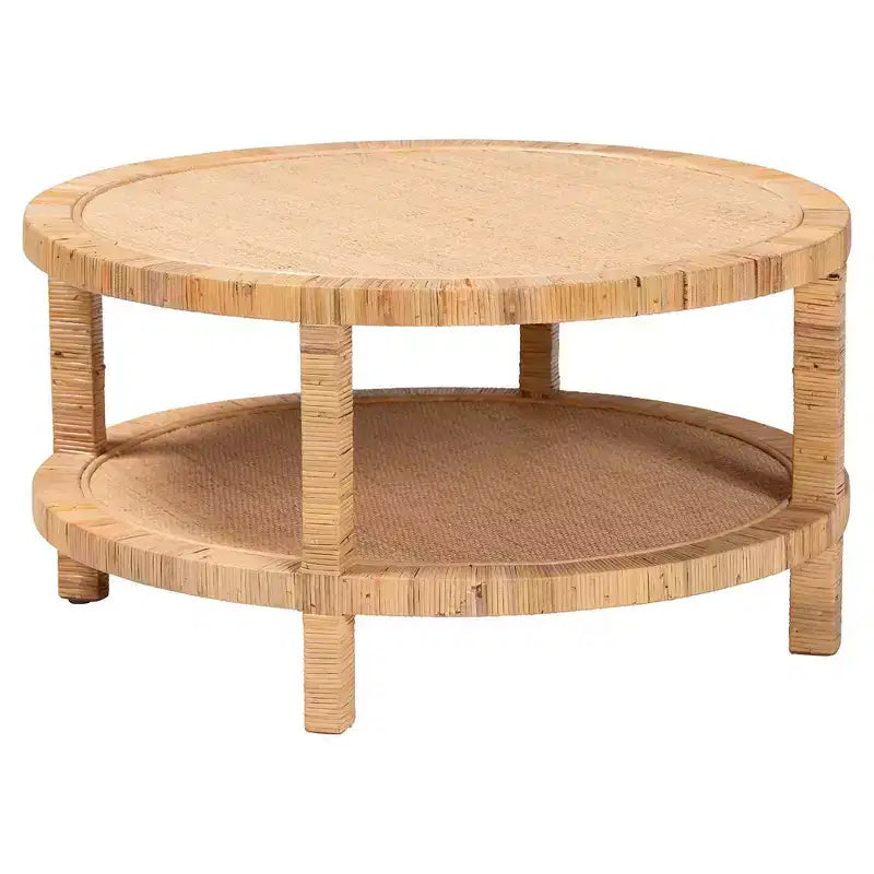 Table basse ronde en rotin et bois avec étagère de rangement ouverte
