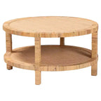 Table basse ronde en rotin et bois avec étagère de rangement ouverte
