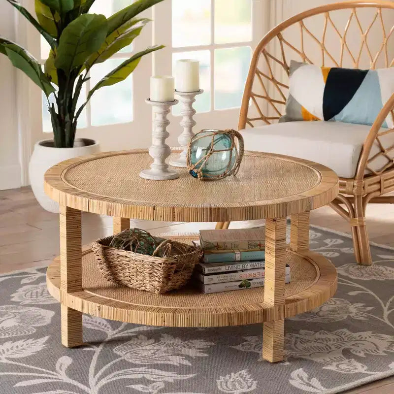 Table basse ronde en rotin et bois avec étagère de rangement ouverte