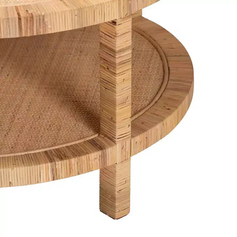 Table basse ronde en rotin et bois avec étagère de rangement ouverte