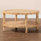Table basse ronde en rotin et bois avec étagère de rangement ouverte