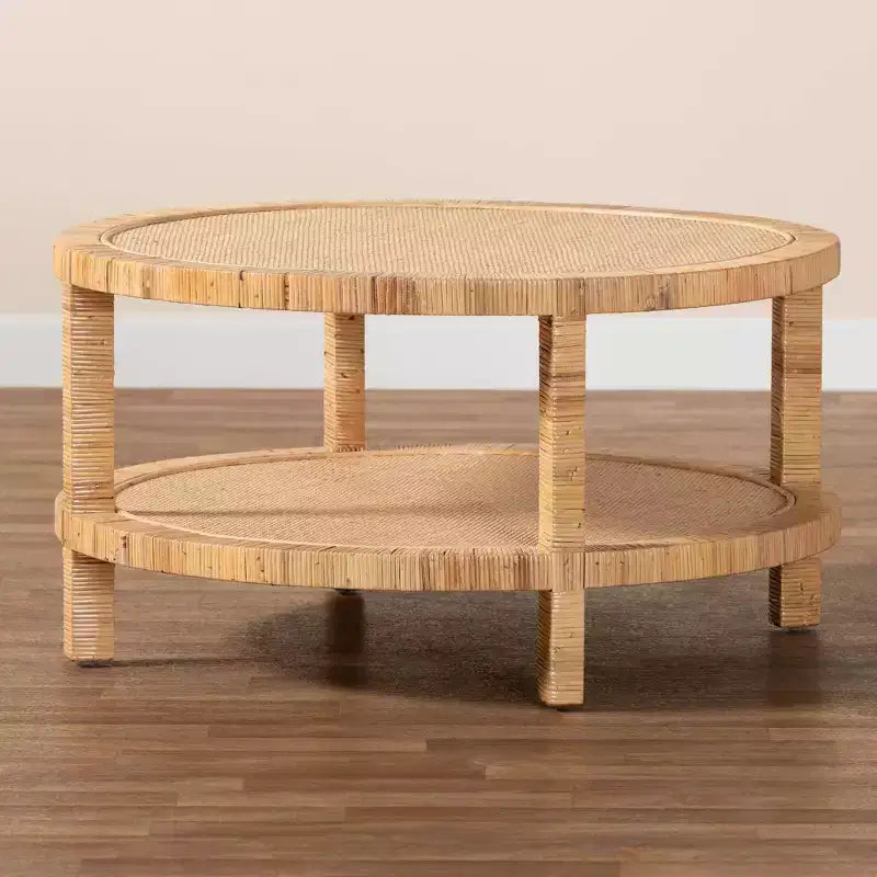 Table basse ronde en rotin et bois avec étagère de rangement ouverte