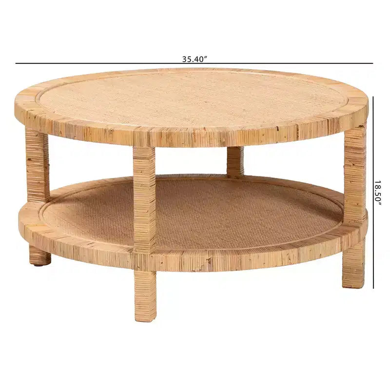 Table basse ronde en rotin et bois avec étagère de rangement ouverte