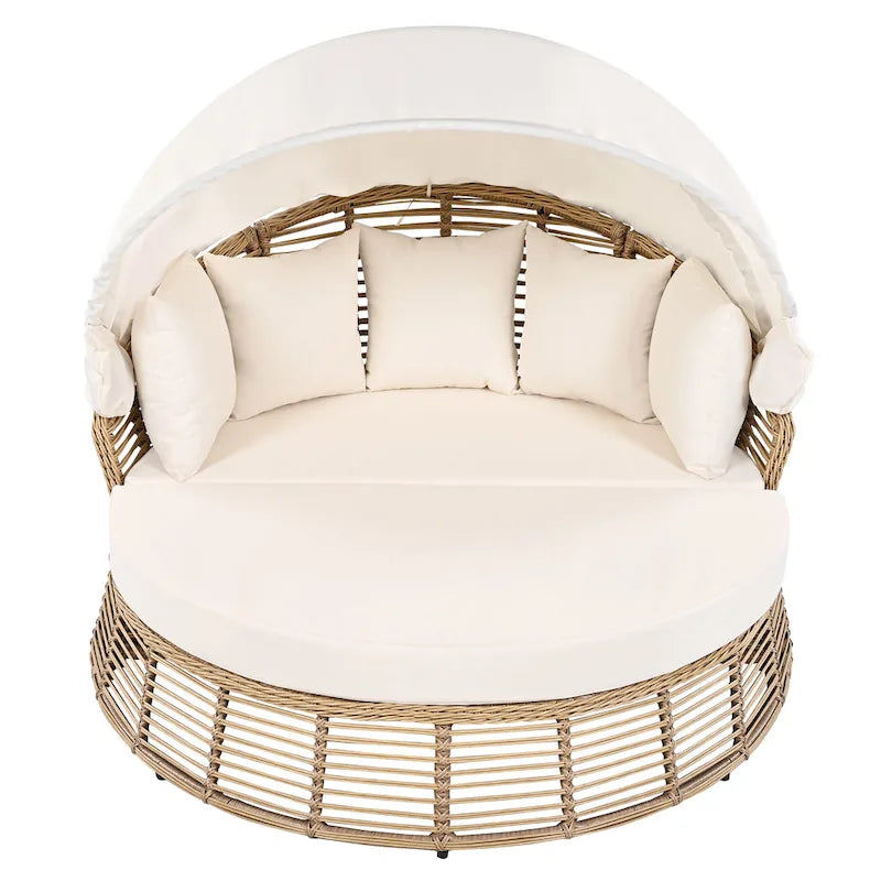 Lit de Repos Rond en Rotin d'Extérieur avec Auvent et Coussins Amovibles
