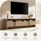Meuble TV moderne AMERLIFE 70 avec design cannelé et armoires de rangement, pour téléviseurs jusqu'à 80 pouces, meuble TV en bois pour salon
