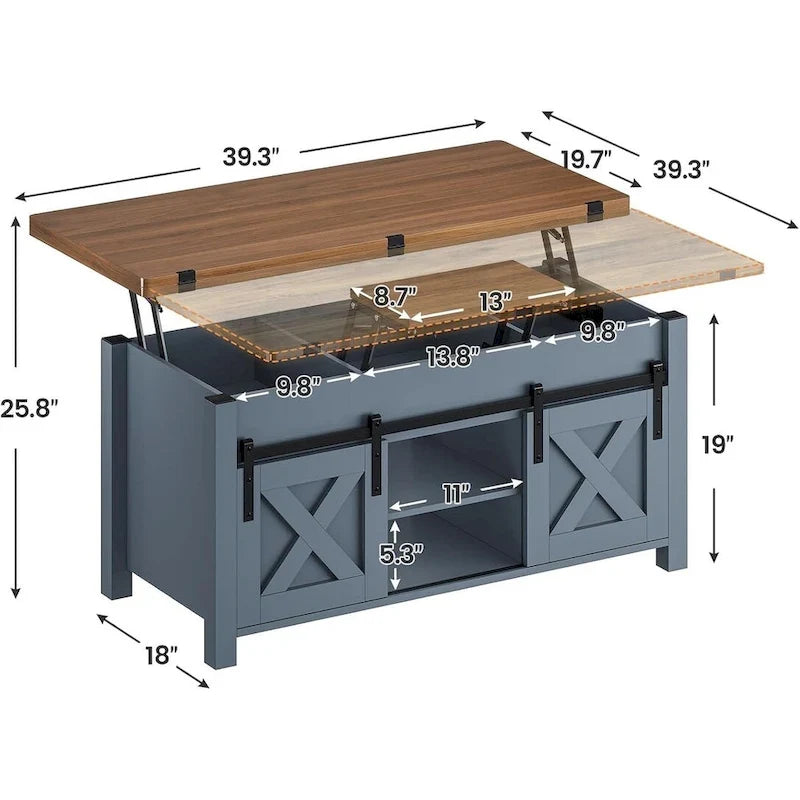 Table basse relevable avec 2 portes de grange coulissantes et rangement