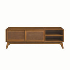 Meuble TV vintage en rotin avec 2 placards de rangement et 4 pieds en bois pour salon, chambre et bureau