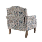 Fauteuil rembourré en bois avec motif floral, accoudoirs à panneaux et dossier en forme de bosse de chameau.