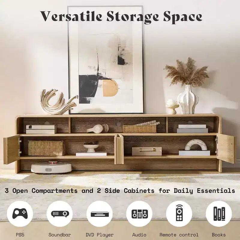 Meuble TV moderne AMERLIFE 70 avec design cannelé et armoires de rangement, pour téléviseurs jusqu'à 80 pouces, meuble TV en bois pour salon