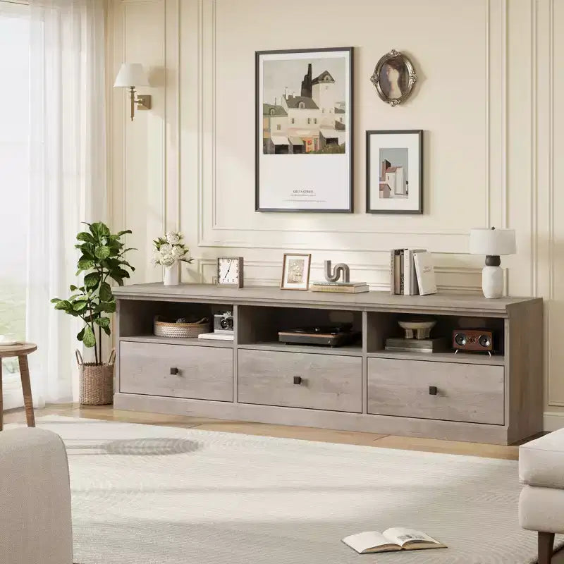 Meuble TV Mid-Century Modern de 178 cm avec tiroir de rangement et étagères ouvertes